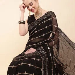Sangria Black & Gold-Toned Striped Sequinned Pure Georgette Saree-picture-11