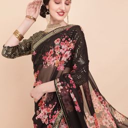 Sangria Black & Pink Floral Sequinned Pure Georgette Saree-image-80