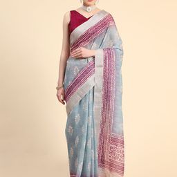DIVASTRI Floral Zari Pure Linen Saree With Blouse Piece-image-58