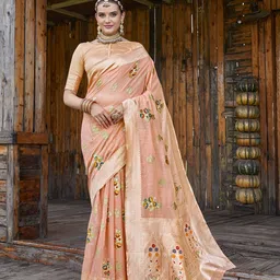 Anouk Peach Coloured & Green Floral Zari Pure Linen Saree-16