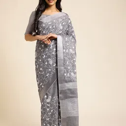 ALAGINI Floral Embroidered Zari Pure Linen Saree-picture-46