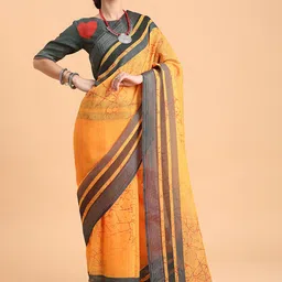 Sangria Mustard & Grey Pure Linen Saree-picture-23