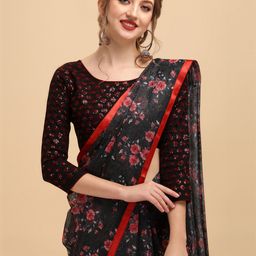 Sangria Black & Red Floral Embroidered Lace Saree-image-58