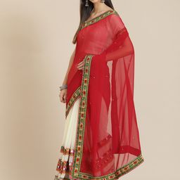 SERONA FABRICS White & Red Ethnic Motifs Kutchi Embroidery Beaded Half and Half Saree-image-12
