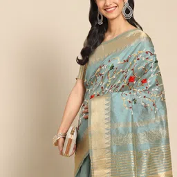 RAJGRANTH Turquoise Blue Floral Embroidered Zari Saree-16