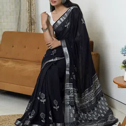 TEEJH Floral ZariBlock Print Saree-16