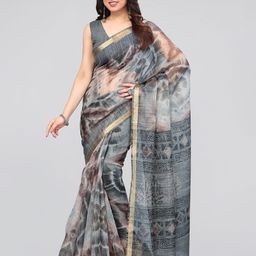 KALINI Grey & Brown Tie And Dye Zari Block Print Saree-image-25