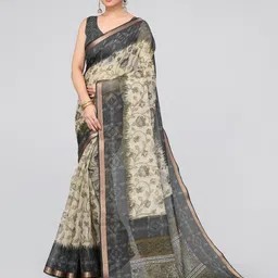 MIRCHI FASHION Beige & Grey Floral Printed Zari Saree-picture-34
