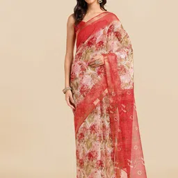 MIRCHI FASHION Off White & Red Floral Printed Zari Kota Saree-picture-58