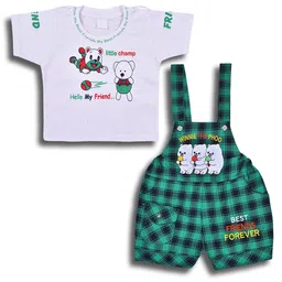 Wish Karo Infant Boys Checked Short Sleeves Pure Cotton T-shirt With Dungaree-image-74