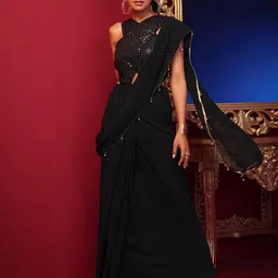 INDYA X ASHISH SONI Women Navy Blue Zari Sequin Embellished Pre-Stitched Saree-image-58