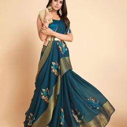 Sangria Green & Gold-Toned Embellished Pure Chiffon Saree-24