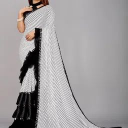b4me.com B4ME COM White & Black Polka Dots Printed Embellished Pure Georgette Ruffles Saree image 3