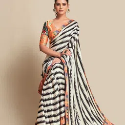 Sangria Black & White Striped Zari Satin Saree-57