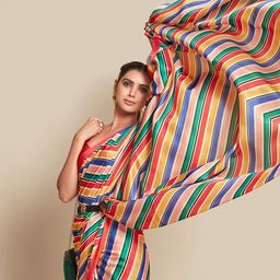 Sangria Blue & Red Striped Zari Satin Saree-14