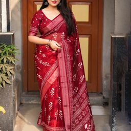 STAVA CREATION Ajrak Block Pure Linen Saree image 1