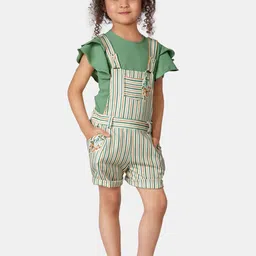 Peppermint Girls Green & White Striped Dungarees With Tshirt-image-9