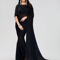 KALINI Black Striped Sequinned Poly Georgette Saree-image-10