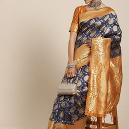 KALINI Navy Blue & Tan Ethnic Motifs Zari Silk Blend Paithani Saree-picture-4