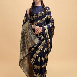 Sangria Navy Blue & Gold-Toned Ethnic Motifs Zari Silk Blend Heavy Work Banarasi Saree-picture-1