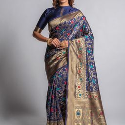Lilots Navy Blue & Pink Floral Zari Silk Blend Kota Saree-image-15