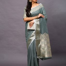 Mitera Teal Zari Linen Blend Taant Saree-image-80