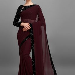 PMD Fashion Burgundy & Black Solid Sequinned Georgette Saree-image-13