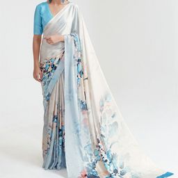 Mitera Off White & Blue Floral Printed Satin Saree-28