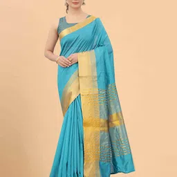 Silk Land Turquoise Blue & Golden Zari Silk Blend Banarasi Saree-image-4