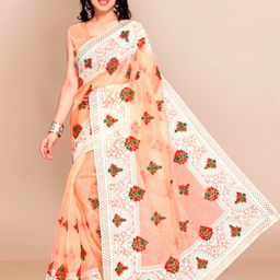 VAIRAGEE Peach-Coloured & White Floral Embroidered Organza Saree-image-40