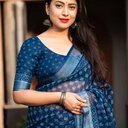 STAVA CREATION Ajrak Block Pure Linen Saree image 2