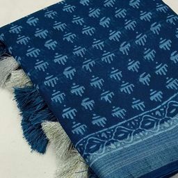 STAVA CREATION Ajrak Block Pure Linen Saree image 4