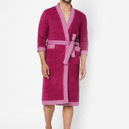 SPACES Unisex Violet Solid V-neck Cotton Bath Robe-17