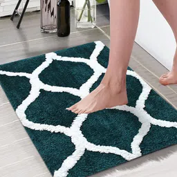 Aura Teal Green & White Swish Design 1850 GSM Anti Skid Microfiber Bath Rugs-image-5
