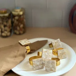HOMEARTE Off White & Gold Toned 6 Pcs Square Shaped Mother of Pearl Metal Napkin Rings Set-32