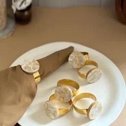 HOMEARTE Off White & Gold Toned 6 Pieces Mother of Pearl Metal Napkin Rings Set-28