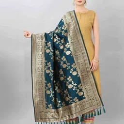 Silk Land Blue & Gold-Toned Woven Design Jacquard Banarasi Dupatta with Zari-picture-22