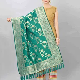 Silk Land Teal Green & Gold-Toned Woven Design Jacquard Banarasi Dupatta with Zari-image-71