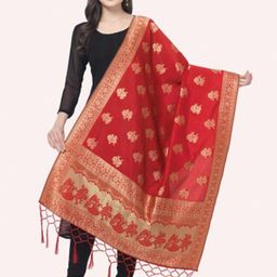 MORLY Red & Gold-Toned Ethnic Motifs Woven Design Cotton Silk Dupatta with Zari-24