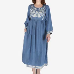 SUMAVI-FASHION Ethnic Motifs Embroidered Chikankari Denim A-Line Ethnic Dress-image-64