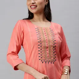 SHOWOFF Women Pink Striped Three-Quarter Sleeves Round Neck Zari Kurta-image-46