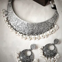 Rubans Silver-Plated Beaded Oxidised Jewellery Set-image-67