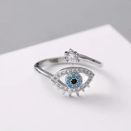SALTY Silver-Plated Crystals-Studded Cute Evil Eye Ring-57