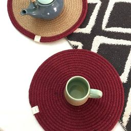 JASMEY HOMES Maroon & Beige Set Of 2 Textured Circular Cotton Table Placemats-21