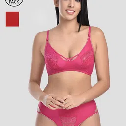 StyFun Women Pack of 2 Pink, Maroon Self Design Cotton Lycra Net Bra & Panty Lingerie Set-69