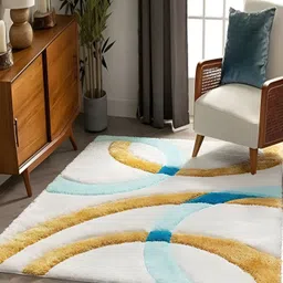 Shopgallery Turquoise Blue & White Geometric Anti-Skid Polyester Carpet-38
