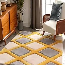 Shopgallery White & Yellow Geometric Anti-Skid Shaggy Carpet-picture-12