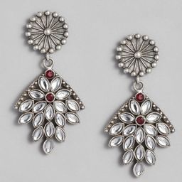 AITIHYA Silver-Plated Stones-Studded Teardrop Shaped Oxidised Drop Earrings image 2