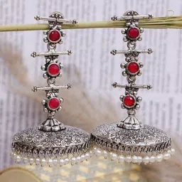 Crunchy Fashion Silver-Toned & Red Contemporary Jhumkas Earrings-1