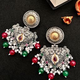 Sangria Silver-Plated Stone-Studded & Beaded Dual-Tone Drop Earrings-picture-4
